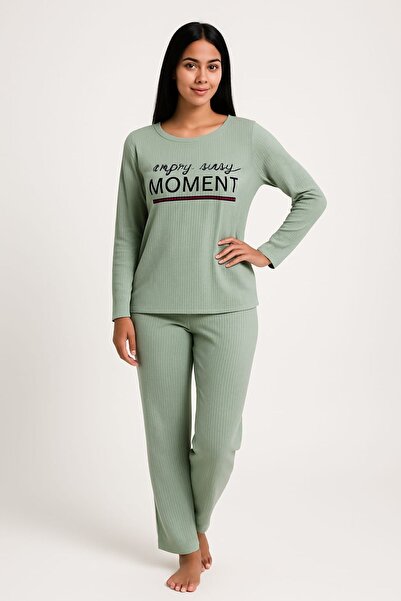 enmodaiçgiyim Mint Green Striped Women's Pajama Set – Long Sleeve, Comfortable Fit, Soft Fabric, Stretchy