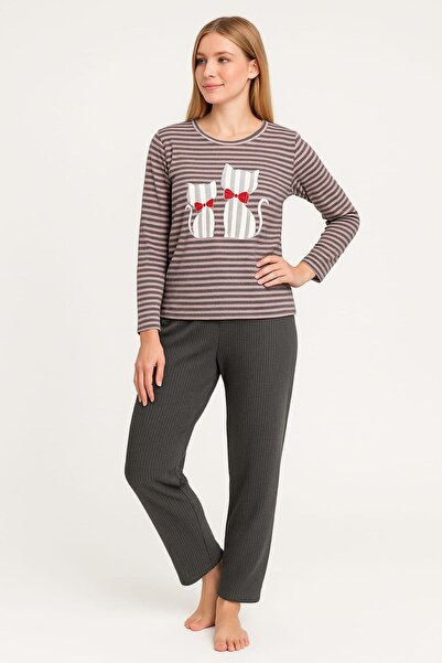 enmodaiçgiyim Set de pijamale pentru femei cu dungi roz-gri – mâneci lungi, potrivire confortabilă, țesătură moale, elastică