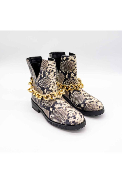 Love Moschino LEATHER ANKLE BOOT WITH PYTHON PRINT AND GOLD CHAIN