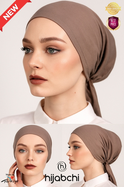 hijabchi Κλασικό χτενισμένο βαμβακερό καπό χιτζάμπ με ραμμένο μπροστινό μέρος - Κλασικό βαμβακερό καπό χιτζάμπ - Σκούρο βιζόν