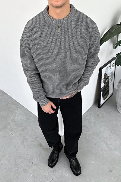 HAFKAGİYİM Gray Knitted Pattern Oversize Knitwear Sweater