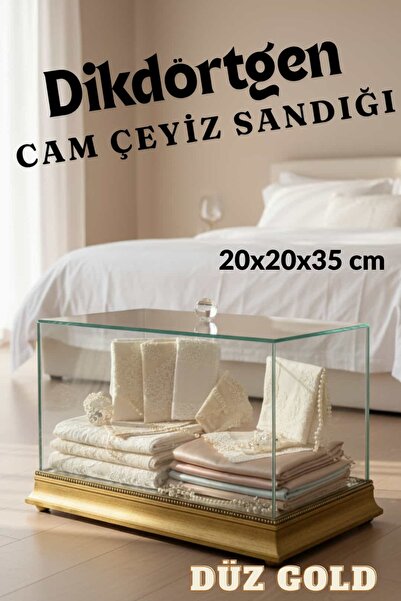 Dantelux Dikdörtgen Cam Çeyiz Sandığı - Çeyizlik Cam Sandık - Düz Gold - Küçük Boy 20x20x35 cm
