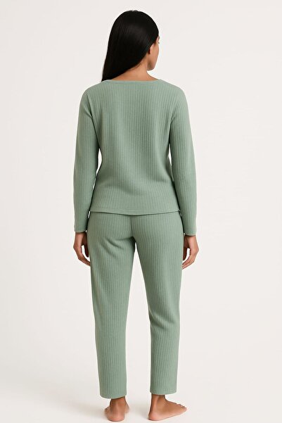 enmodaiçgiyim Mint Green Striped Women's Pajama Set – Long Sleeve, Comfortable Fit, Soft Fabric, Stretchy