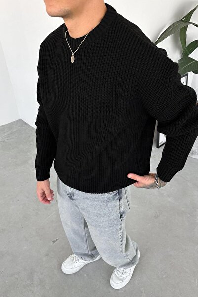 HAFKAGİYİM Black Knitted Pattern Oversize Knitwear Sweater