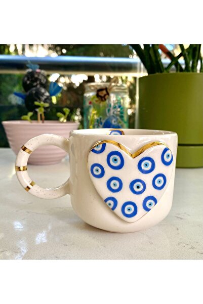 NOF El Yapımı Seramik Gerçek 24K Altın Dekorlu Büyük Nazar Boncuklu Kupa