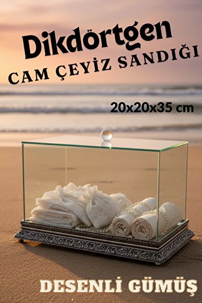 Dantelux Dikdörtgen Cam Çeyiz Sandığı - Çeyizlik Cam Sandık - Desenli Gümüş - Küçük Boy 20x20x35 cm