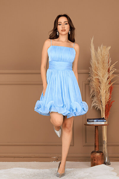 BEYBOS Chiffon Fabric Gathered Detailed Strap Mini Dress - Baby Blue