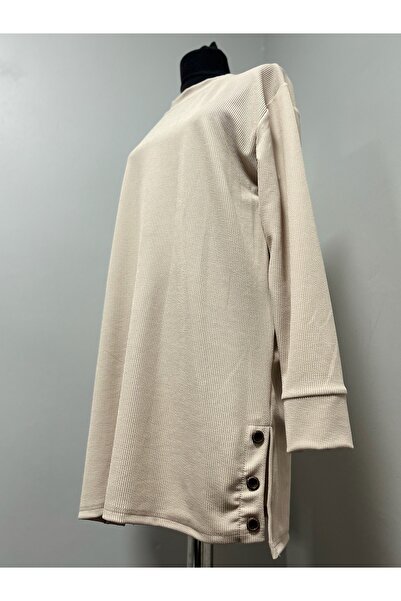 MSA Giyim Women's Ribbed Slit Detailed Long Sleeve Solid Color Casual Stretchy Tunic Sweat Hijab Combed Cotton