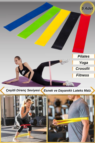 Hombak 5'li Farklı Renk ve Direnç Seviyeli Pilates Crossfit Bant Seti