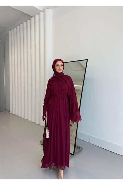 KULVAR TREND 5730 Kolu Volanlı Pelerinli Şifon Elbise