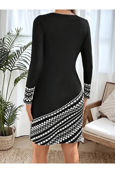 Meleners Women's Long Sleeve Crew Neck Patterned Diving Dress