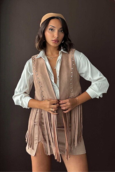 Lady Pixie Pearl Detailed Tasseled Suede Vest