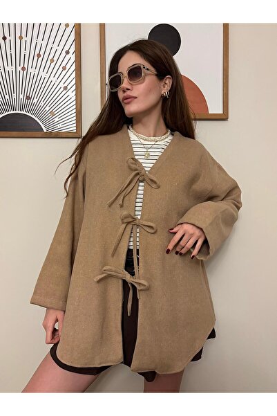 Store Kadın Bağlama Detaylı Salaş Kaşe Hırka Ceket