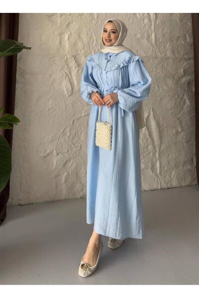 KULVAR TREND 2508 Yarım Pat Fırfır Detaylı Bağıcıklı Bürümcük Elbise