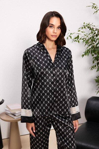 Pierre Cardin Women's Satin Front Buttoned Long Sleeve Sleepwear Set with Sleep Band Buckle Gift