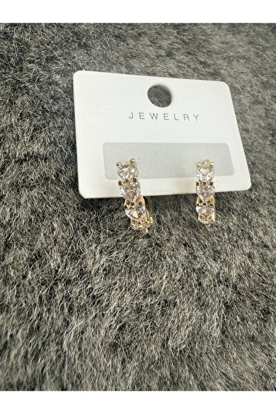 Bijouzel Üç Taşlı Altın Renk Işıltılı Çelik Küpe