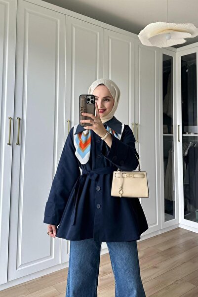 KULVAR TREND 9342 Yakası Deri Garnili Altı Düğmeli Kuşaklı Trençkot
