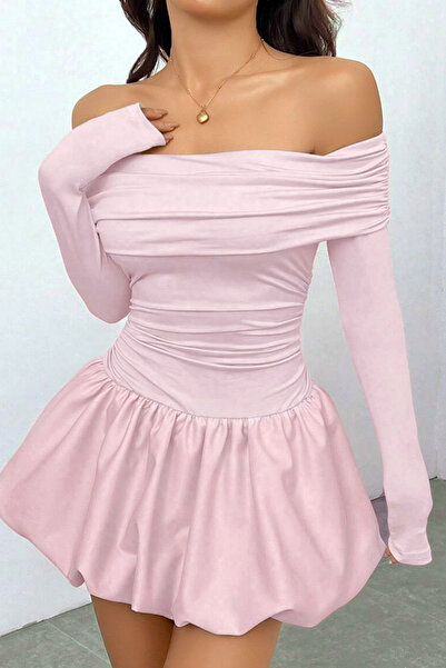 Yeslena Balon Etekli Madonna Yakalı Omzu Açık Fit Kesim Balon Etek Uzun Kollu...