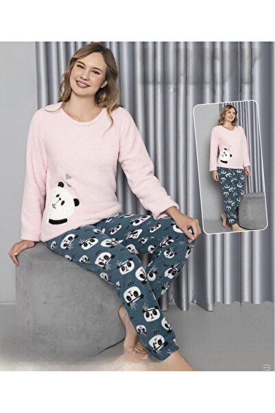 MOPİ طقم بيجامة من قطعتين بأكمام طويلة وياقة دائرية مصنوعة من القطيفة بنقشة ح...