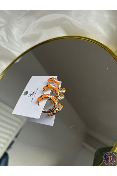 uyguntakıaksesuar Turuncu Mineli Çiçek Desenli Kadın Halka Küpe – Gold Paslanmaz Çelik, Renkli Tasarım