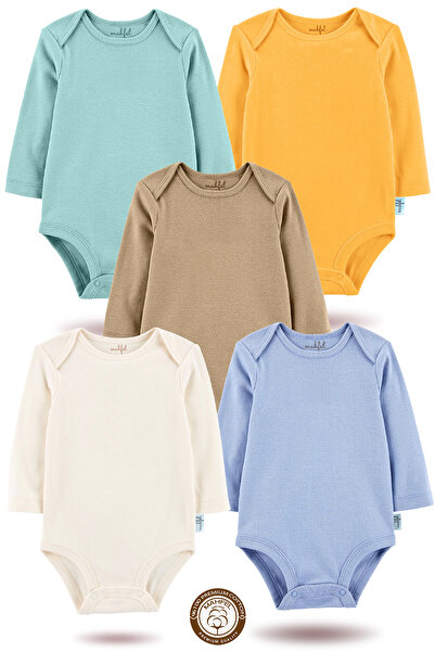 MAHFEL 100% Cotton Long Sleeve Baby Bodysuit with Snap Fasteners, Set of 5