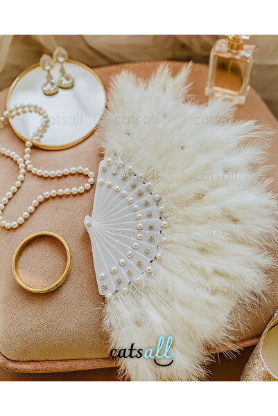 catsall El Yapımı Tüy İnci Taş Detaylı Gelin Yelpazesi