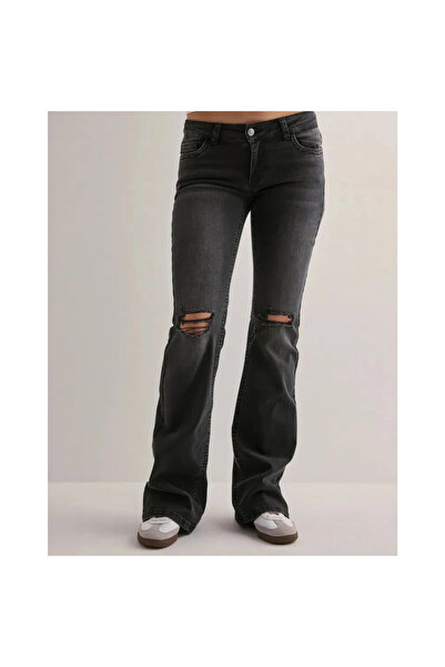 Mokşa Kadın Düşük Bel Jean Streç Bootcut Paça Delikli Denim Pantolon