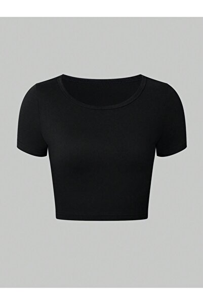 Liona Fără model fără imprimeu Culoare neagră guler rotund Mânecă scurtă crop...