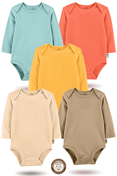 MAHFEL 100% Cotton Long Sleeve Baby Bodysuit with Snap Fasteners, Set of 5