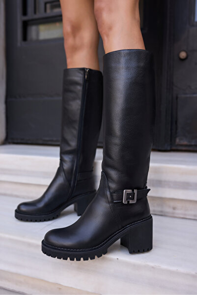 ANGELİNA JONES Teodor Women's Black Genuine Leather Rubber Detail Thick Heel Boots