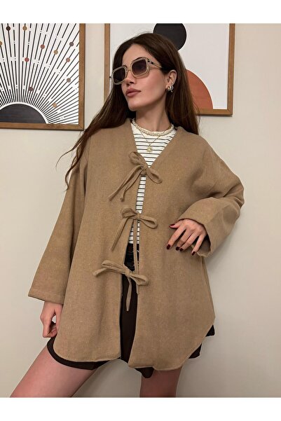 Store Kadın Bağlama Detaylı Salaş Kaşe Hırka Ceket