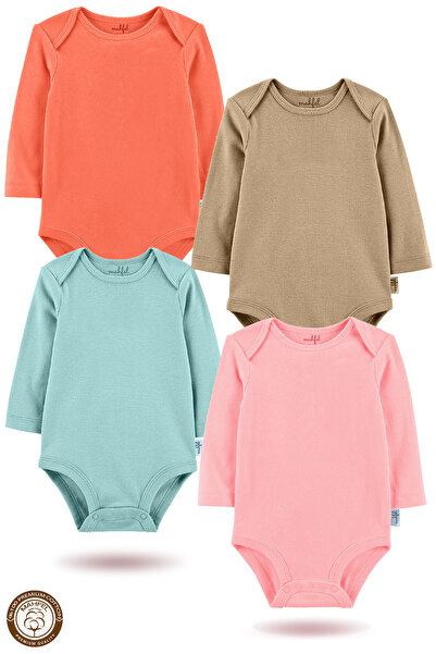 MAHFEL 100% Cotton Long Sleeve Baby Bodysuit Snap Fastener Bodysuit Set of 4