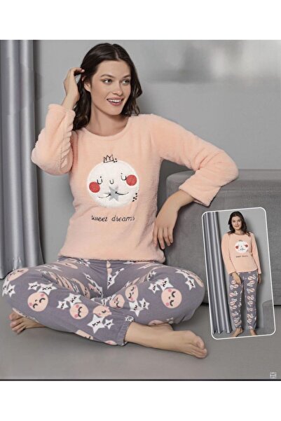 MOPİ طقم بيجامة من قطعتين بأكمام طويلة وياقة دائرية مصنوعة من القطيفة بنقشة ح...