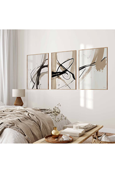 PAM STUDIO Bej Siyah Soyut Poster Seti 3’lü | Minimal Modern Duvar Tablosu | ...