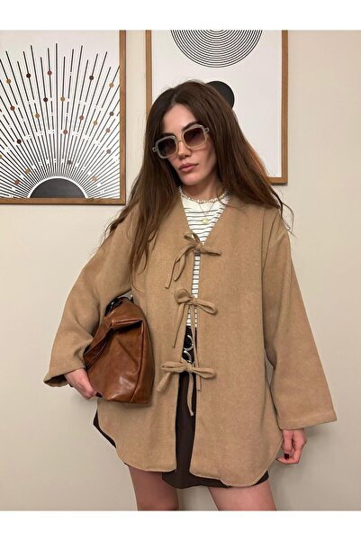 Store Kadın Bağlama Detaylı Salaş Kaşe Hırka Ceket