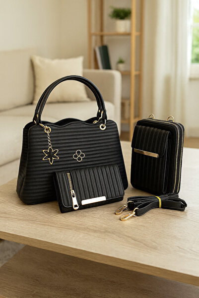 MOLDİVA Set de 3 genți negre pentru femei | Geantă de umăr, geantă pentru telefon și portofel cu mai multe compartimente | Zilnic și elegant