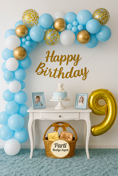 parti hediye sepeti Blue White Gold 9Th Birthday Balloon Set with Happy Birth...