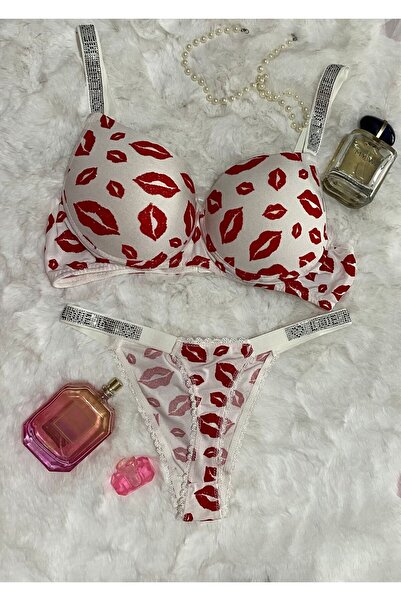 Love Me طقم ملابس داخلية نسائية أبيض وأحمر مبطن بحمالات صدر وسروال داخلي