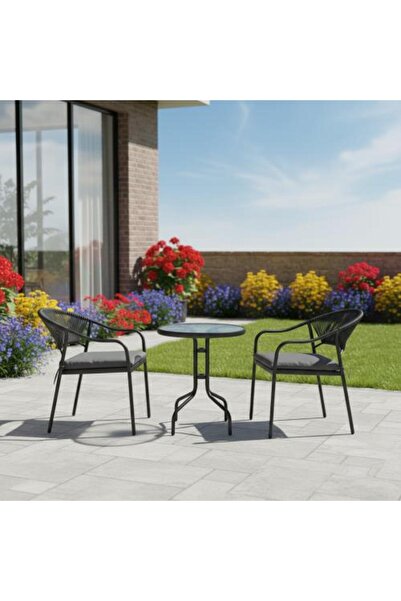 Family Ship Round Garden Table Set with Glass Top and 2 Seating Chairs - Black and Grey