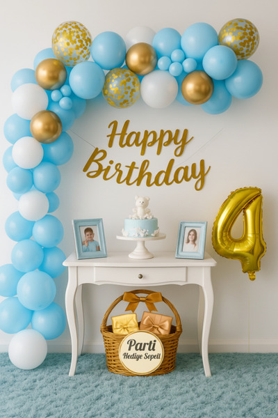 parti hediye sepeti Blue White Gold 4Th Birthday Balloon Set with Happy Birth...