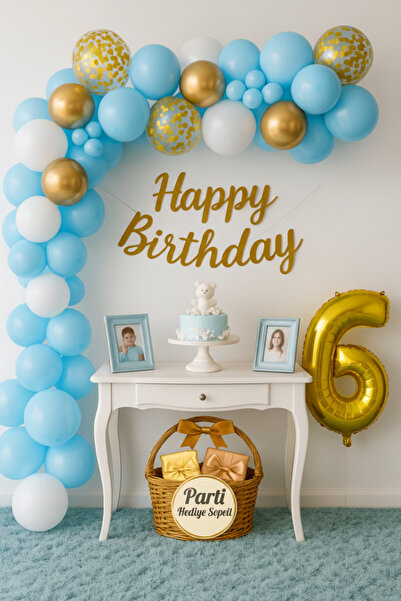 parti hediye sepeti Blue White Gold 6Th Birthday Balloon Set with Happy Birth...