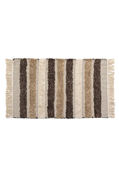 OEM Beige Brown Cotton Decorative Winter Rug with Stripes & Fringes 100x70cm
