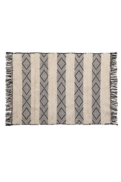 OEM Covoras Decorativ de Iarna din Bumbac Bej Negru cu Dungi & Franjuri 110x80cm