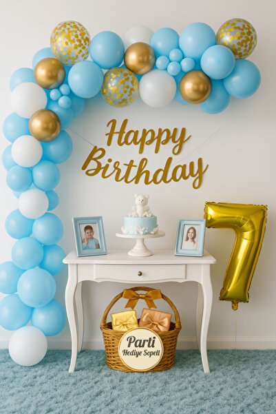 parti hediye sepeti Blue White Gold 7Th Birthday Balloon Set with Happy Birth...