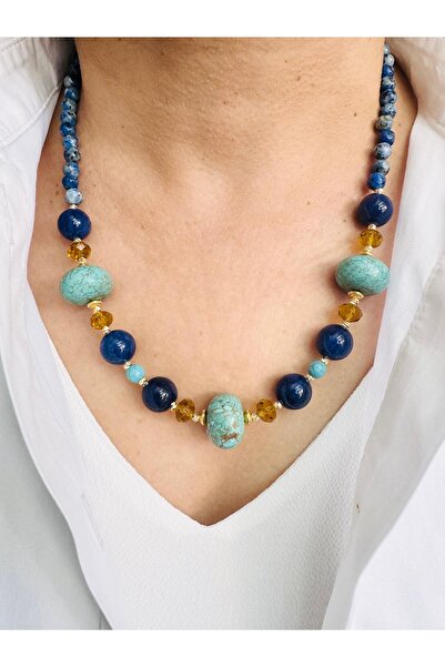 DEVİ fashion Firuze Ve Jade Doğal Taş Kolye 53 cm