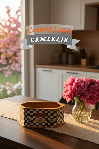 CremigHaus Geleneksel Tasarım Kapaklı Büyük Ekmeklik Altıgen Ahşap Ekmek Sepe...