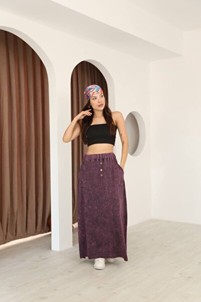 AYASOFYA OTANTIK Women's Purple Button Detailed Elastic Waist Plain Pattern Pocketed Vintage Detail Cotton Knit Skirt