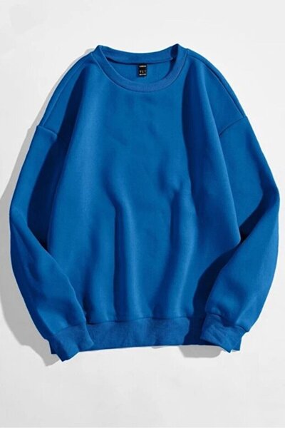 ROYAL FASHİON سويت شيرت كبير الحجم برقبة دائرية بلون أزرق ساكس للجنسين