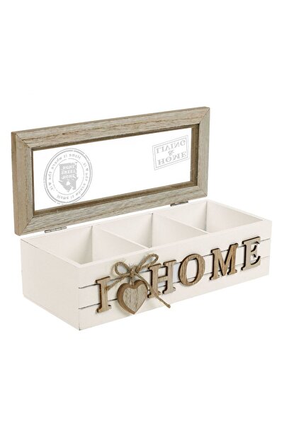 OEM Wooden Storage Box "I Love Home" with 3 Compartments & Glass Window 24x10x7cm