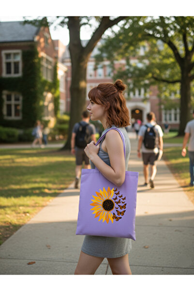Cemira Lila Papatya ve Kelebek Tasarım Kanvas Tote Bag Çanta, Pinterest Çanta, Kitap Çantası